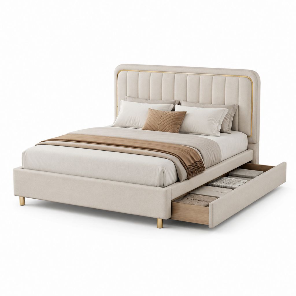Lit coffre 160 x 200 cm beige en polyester avec tiroir latéral et tête de lit capitonnée