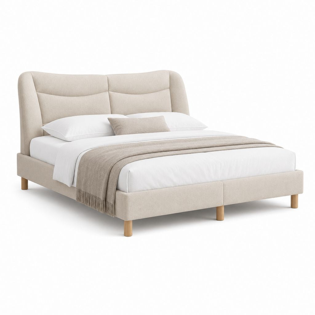 Lit double 160 x 200 cm beige en polyester avec tête de lit rembourrée et pieds en bois massif