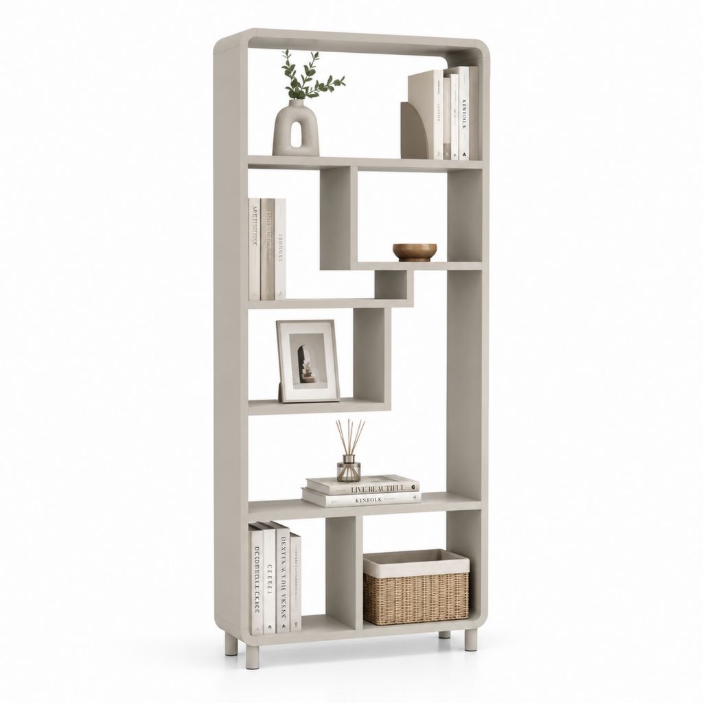 Bibliothèque haute à 6 niveaux beige en panneaux MDF 80 x 30 x 180 cm