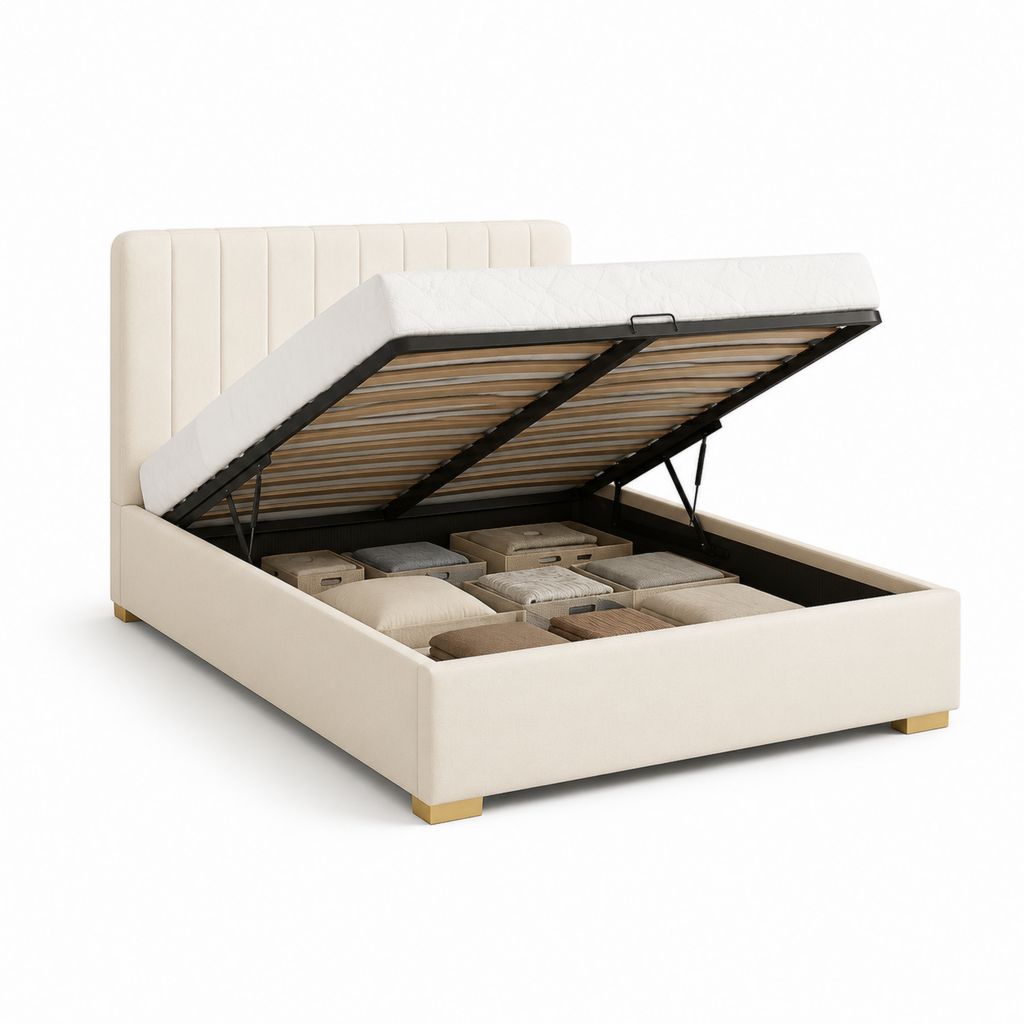Lit coffre 160 x 200 cm beige en polyester avec tête de lit capitonnée et sommier relevable