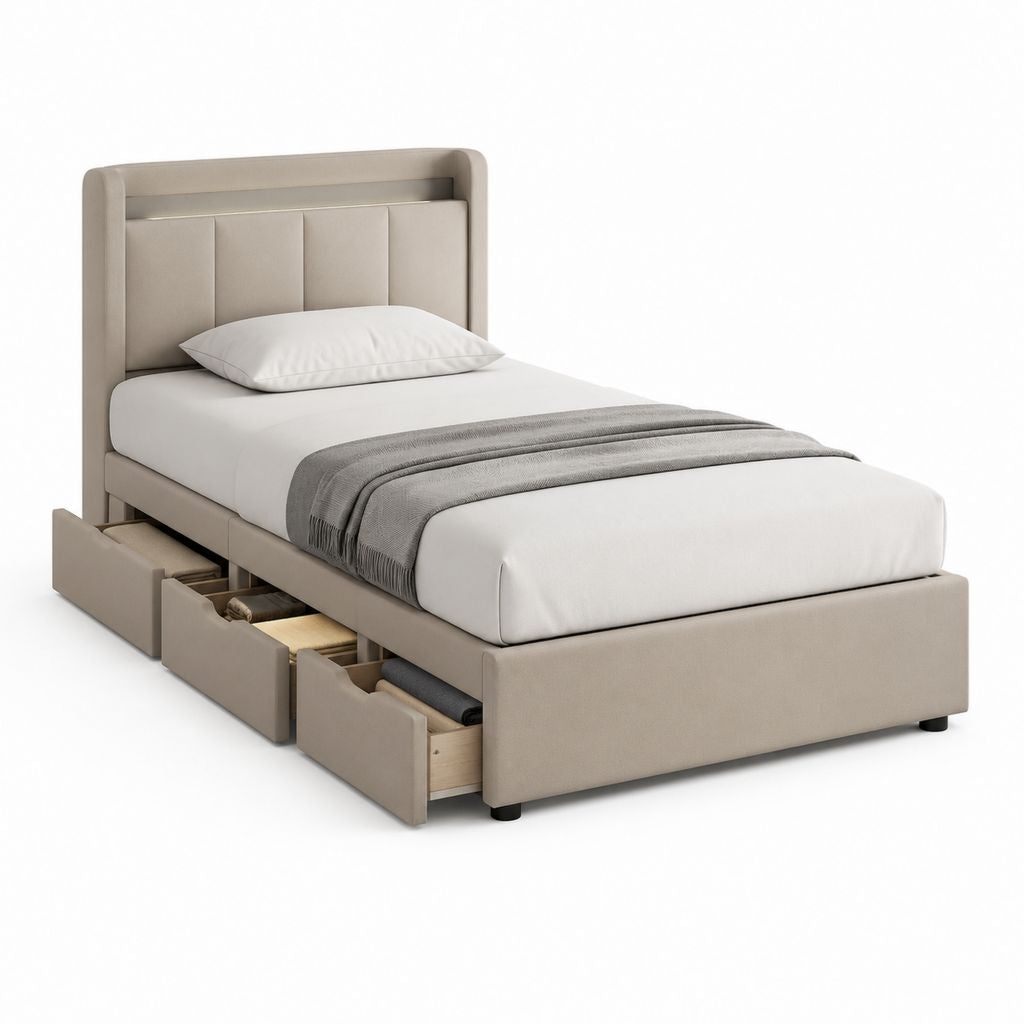 Lit 1 place avec rangement beige en polyester rectangulaire 90 x 190 cm