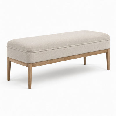 Banc de bout de lit beige en polyester et bois massif rectangulaire 120 x 45 x 46 cm
