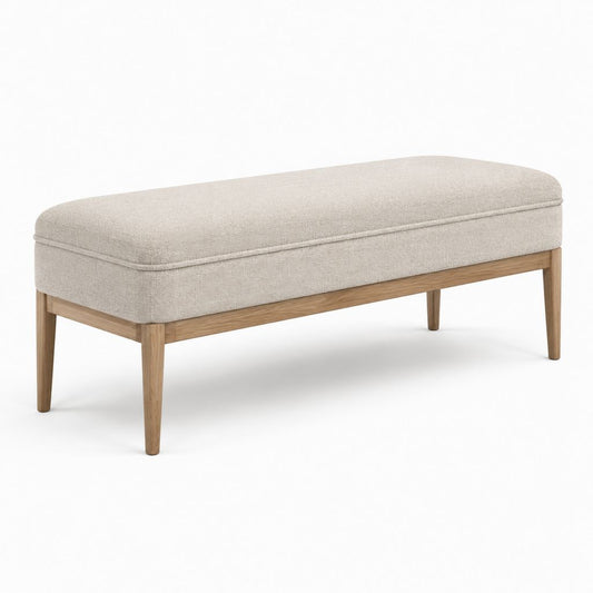 Banc de bout de lit beige en polyester et bois massif rectangulaire 120 x 45 x 46 cm