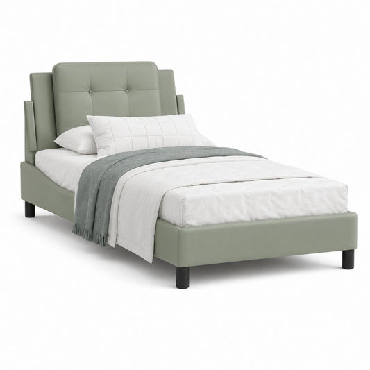 Lit adulte capitonné vert sauge en similicuir PU avec sommier 140 x 190 cm