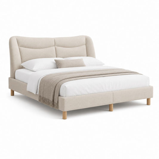 Lit double 160 x 200 cm beige en polyester avec tête de lit rembourrée et pieds en bois massif