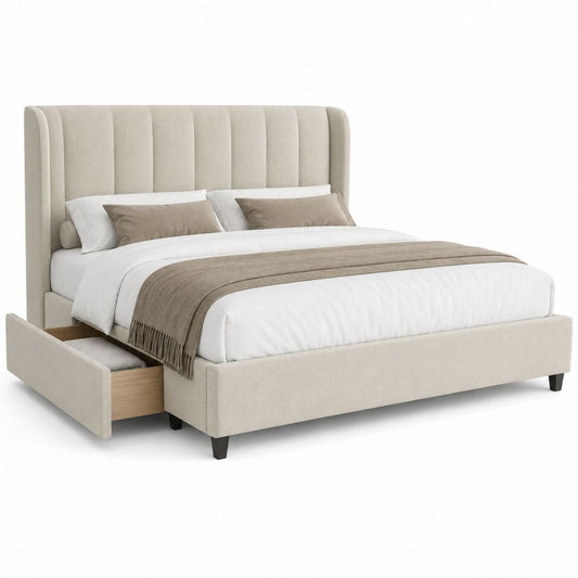 Lit coffre 160 x 200 cm beige en polyester avec tête de lit capitonnée et tiroir latéral