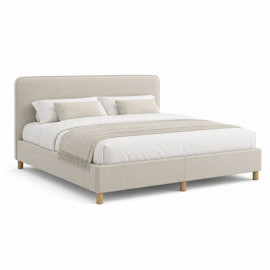 Lit double 160 x 200 cm beige en polyester avec tête de lit capitonnée et pieds en bois massif