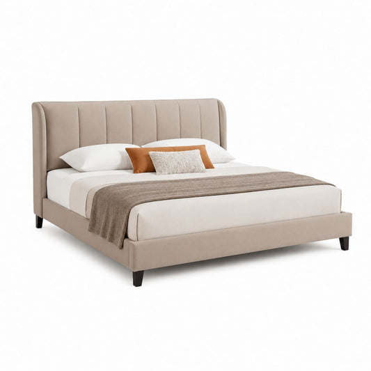 Lit double capitonné beige en polyester avec cadre 160 x 200 cm