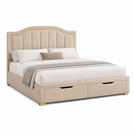 Lit coffre 160 x 200 cm beige en polyester avec tête de lit capitonnée et 2 tiroirs
