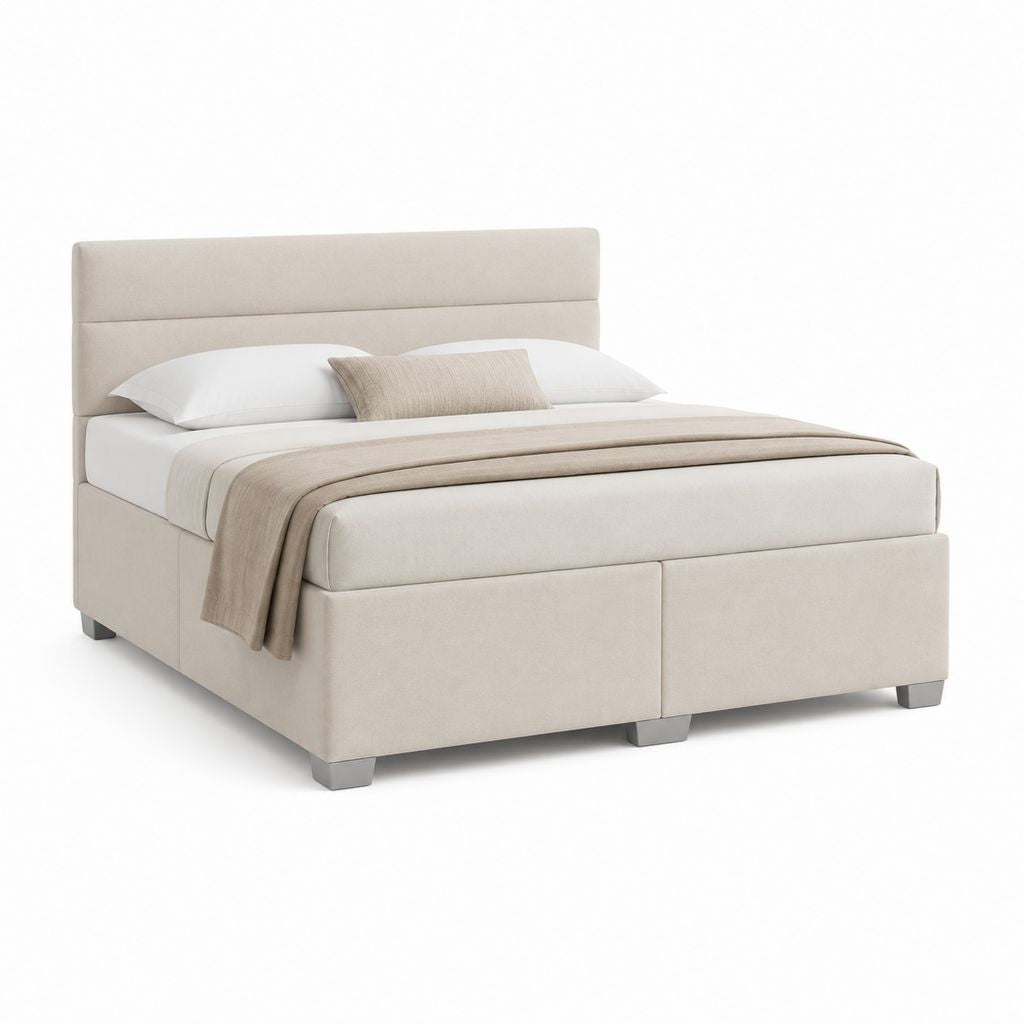 Lit coffre double beige en polyester avec tête de lit capitonnée 160 x 200 cm