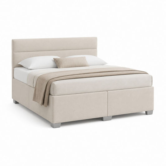Lit coffre double beige en polyester avec tête de lit capitonnée 160 x 200 cm