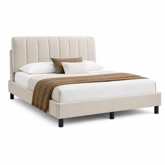 Lit double avec cadre de lit beige en polyester 160 x 200 cm
