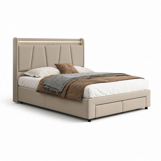 Lit double avec cadre de lit beige en cuir synthétique PU rectangulaire 160 x 200 cm