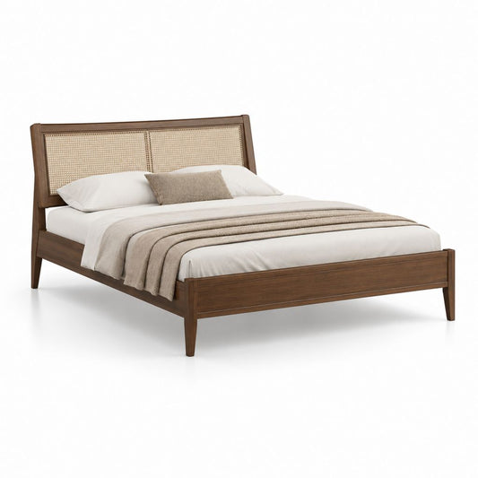 Lit double 160 x 200 cm marron en bois massif avec tête de lit en rotin naturel