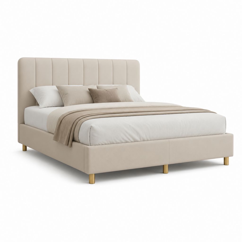 Lit double 160 x 200 cm beige en polyester avec tête de lit capitonnée