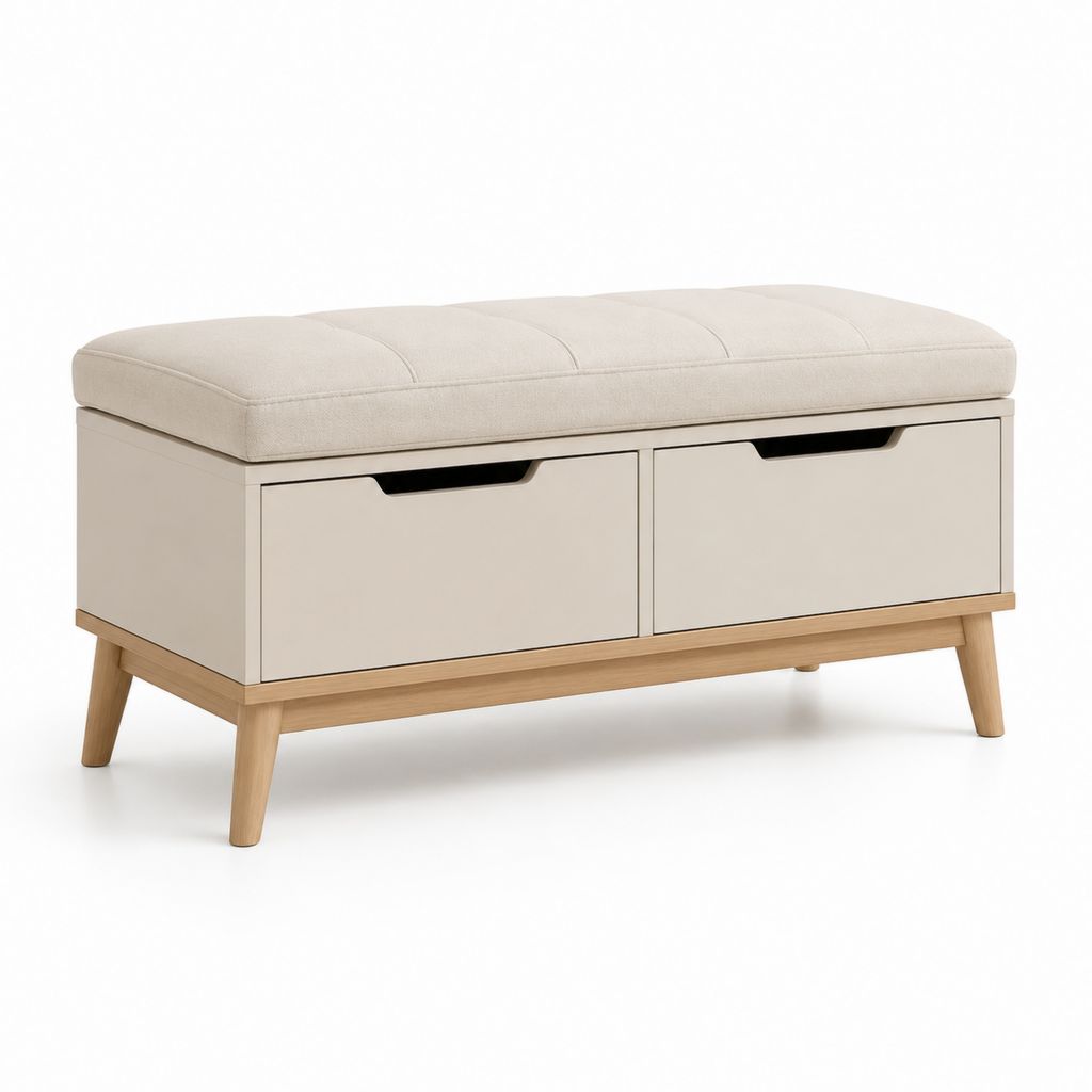 Banc de bout de lit avec rangement beige et blanc cassé en MDF polyester rectangulaire 100 x 40 x 50 cm