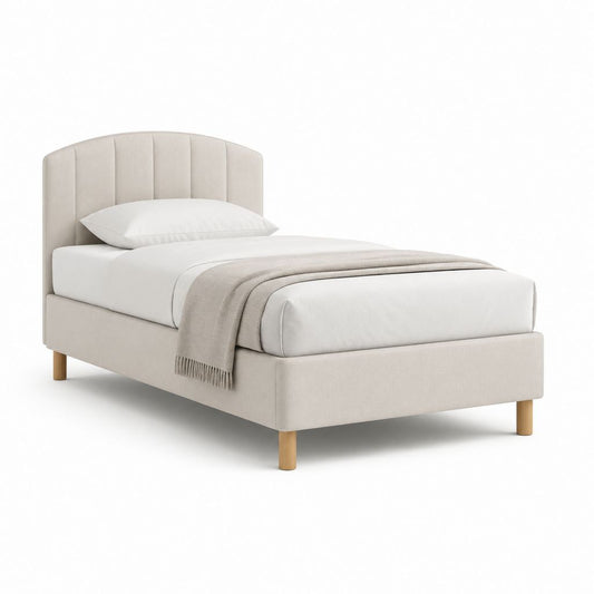 Lit simple capitonné beige en polyester 90 x 190 cm avec tête de lit arrondie