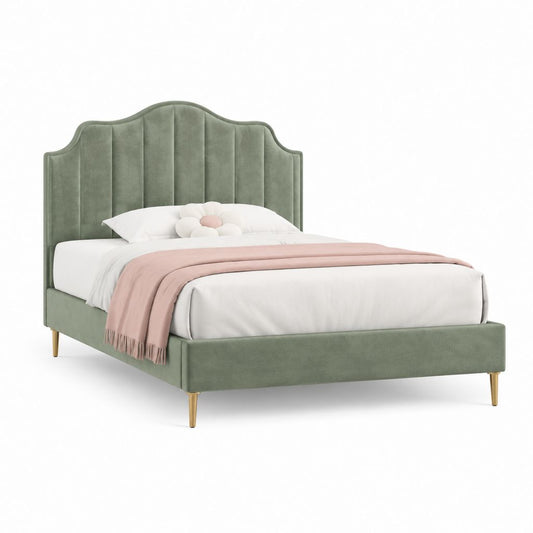Lit double vert sauge en velours polyester avec tête de lit capitonnée 160 x 200 cm