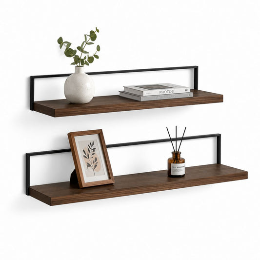 Lot de 2 étagères murales flottantes marron noyer et noir en MDF et acier 80 x 20 x 20 cm