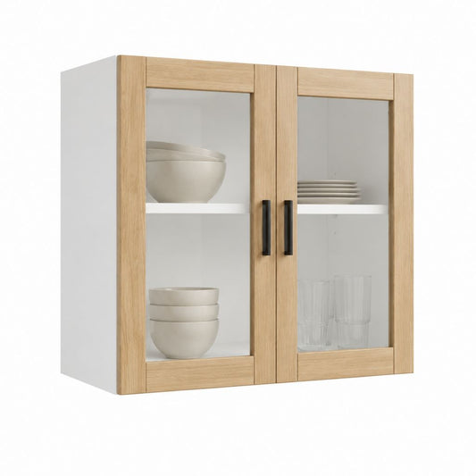 Meuble mural de cuisine vitré chêne clair et blanc en panneaux de particules 80 x 80 x 30 cm
