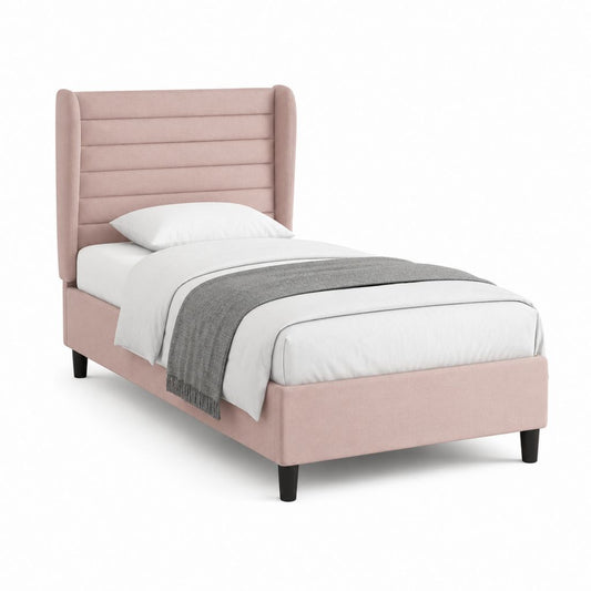 Lit une place rose en polyester avec tête de lit capitonnée rectangulaire 90 x 190 cm