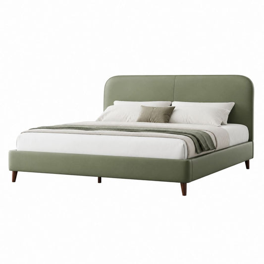 Lit double 160 x 200 cm vert olive capitonné en similicuir PU avec tête de lit arrondie