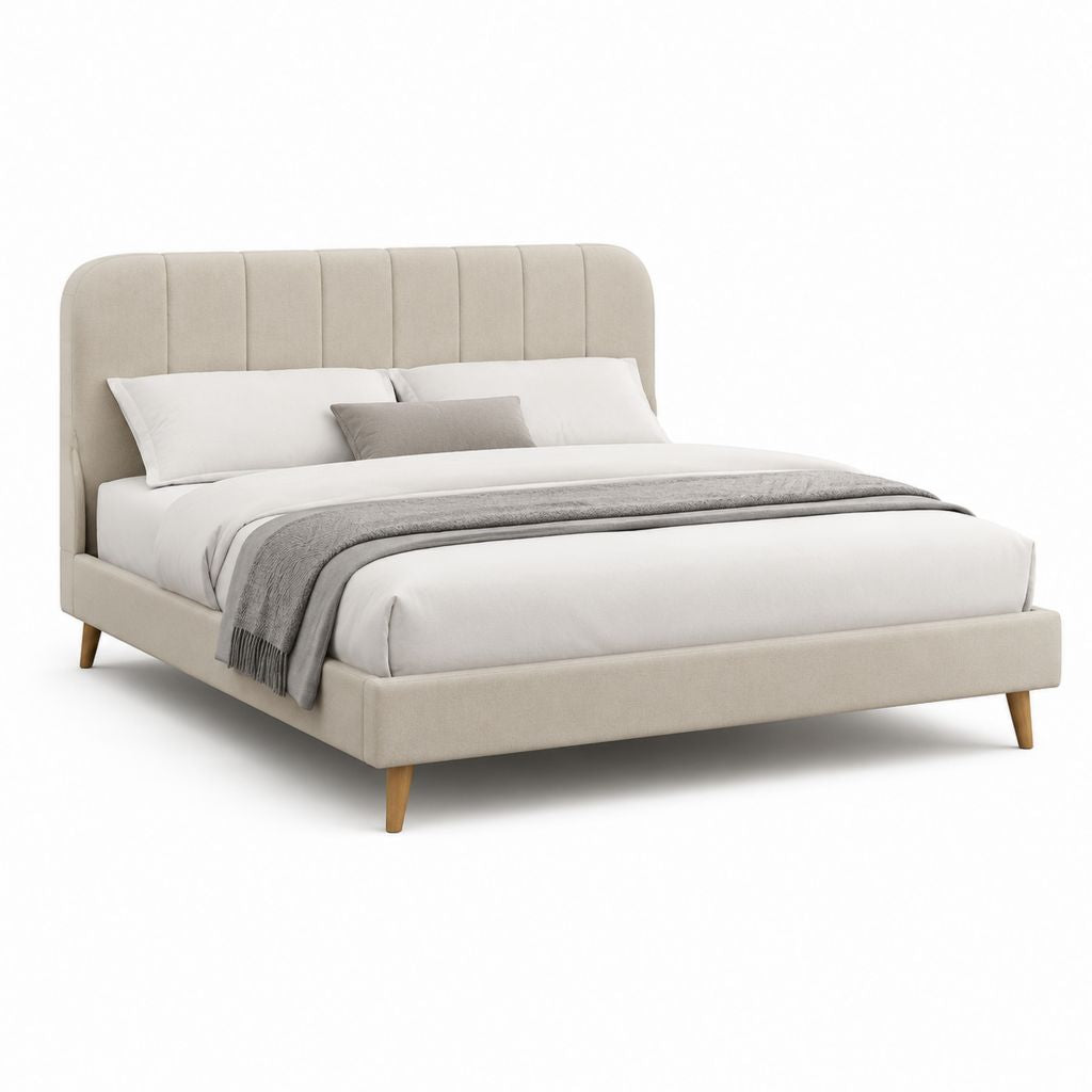 Lit double capitonné beige en polyester avec pieds en bois massif 160 x 200 cm